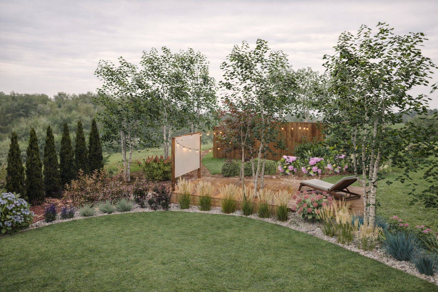 strefa kina letniego w dużym ogrodzie