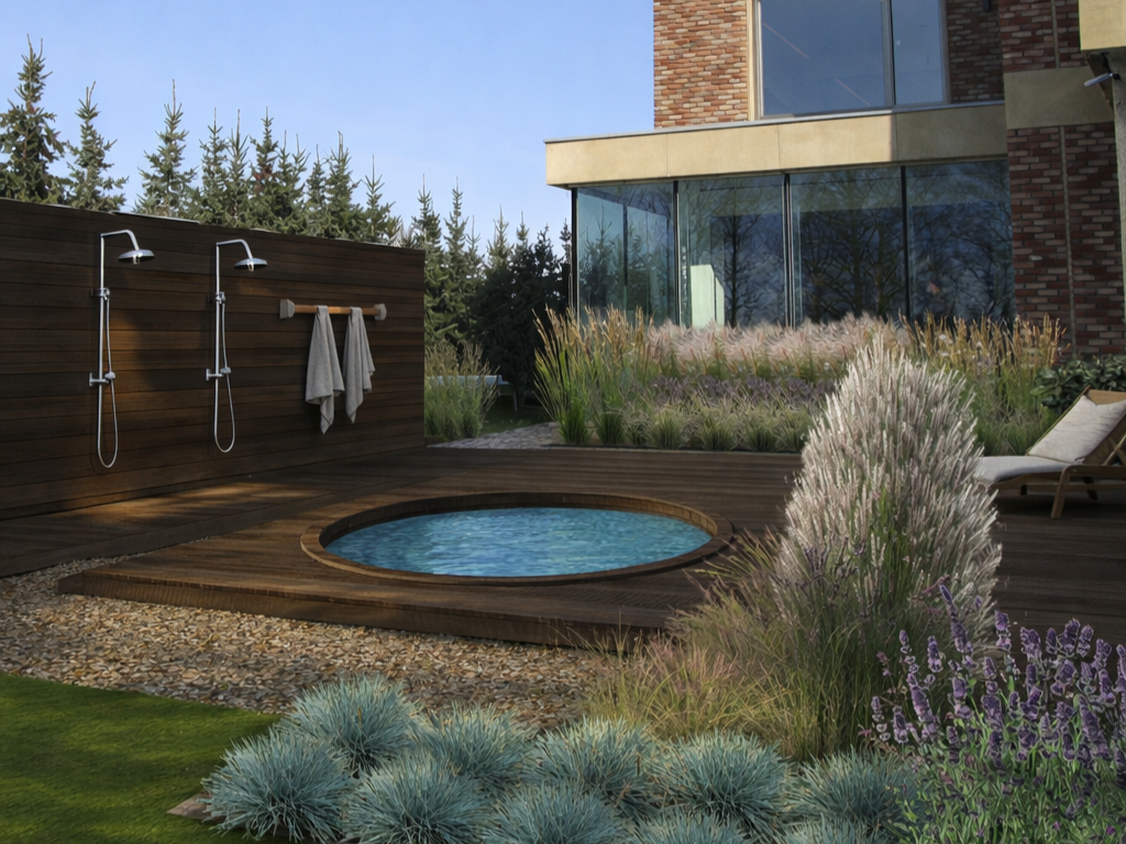 strefa relaksu w ogrodzie z jacuzzi i prysznicem zewnętrznym