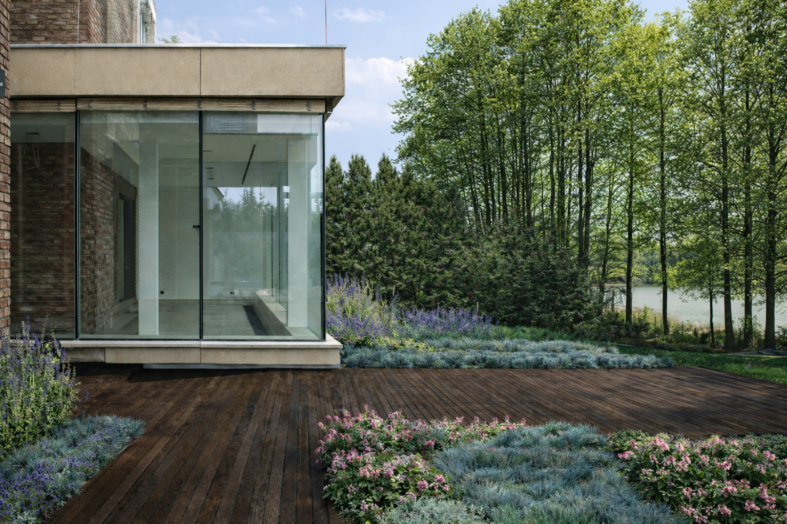 nowoczesny ogród z tarasem drewnianym i strefą relaksu