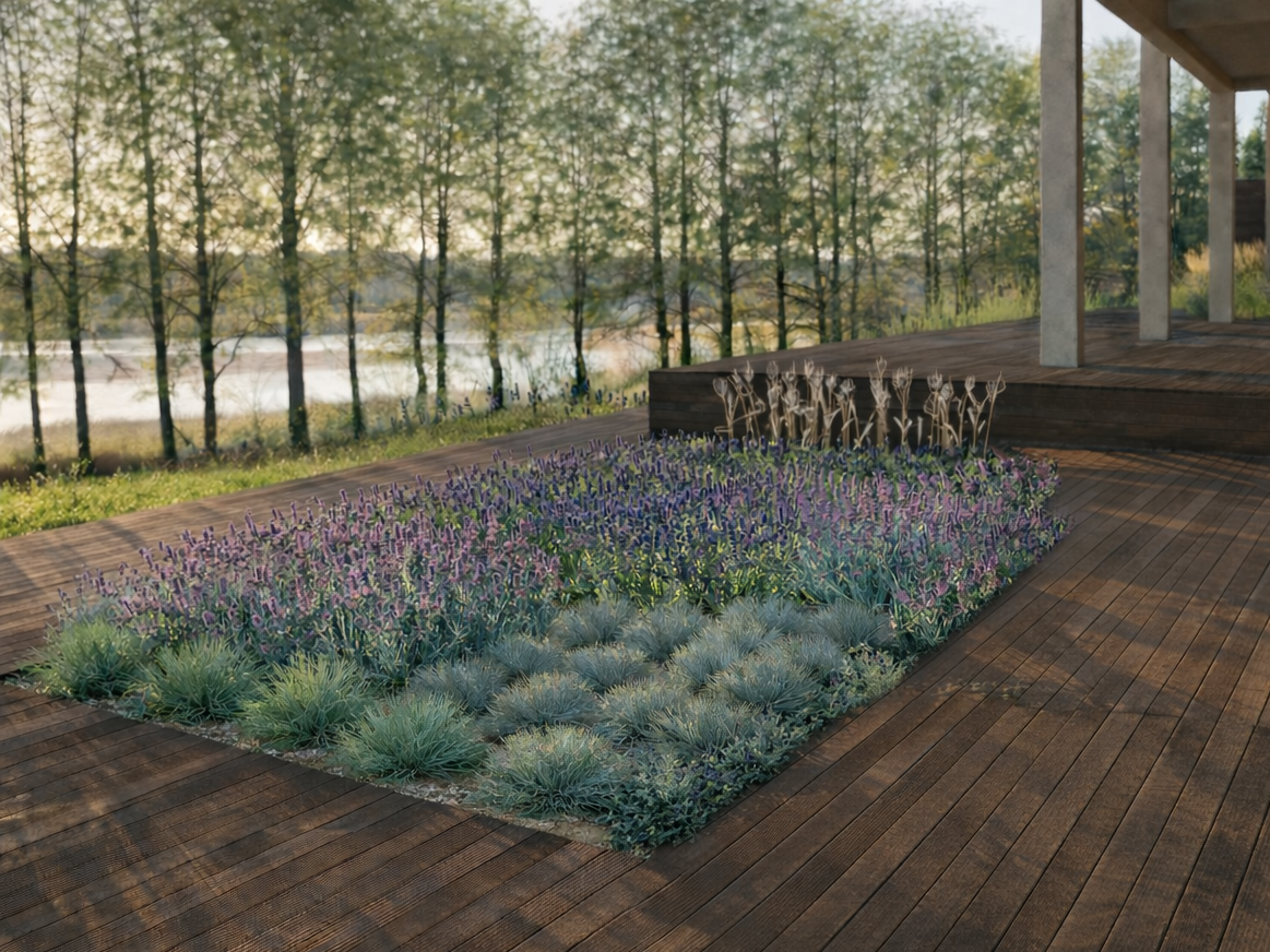 ogród przy nowoczesnym domu z naturalistycznymi rabatami