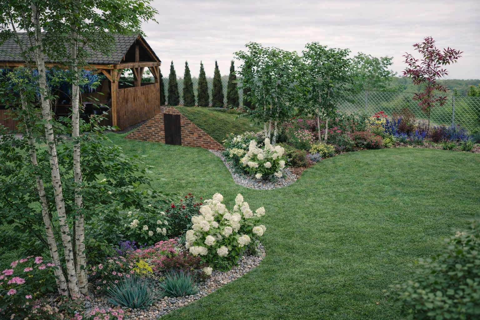 duży ogród z wydzielonymi strefami wypoczynku i zieleni