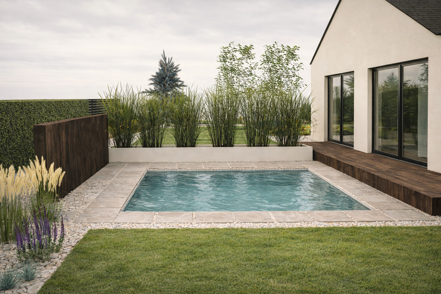 ogród przy domu jednorodzinnym z basenem i tarasem