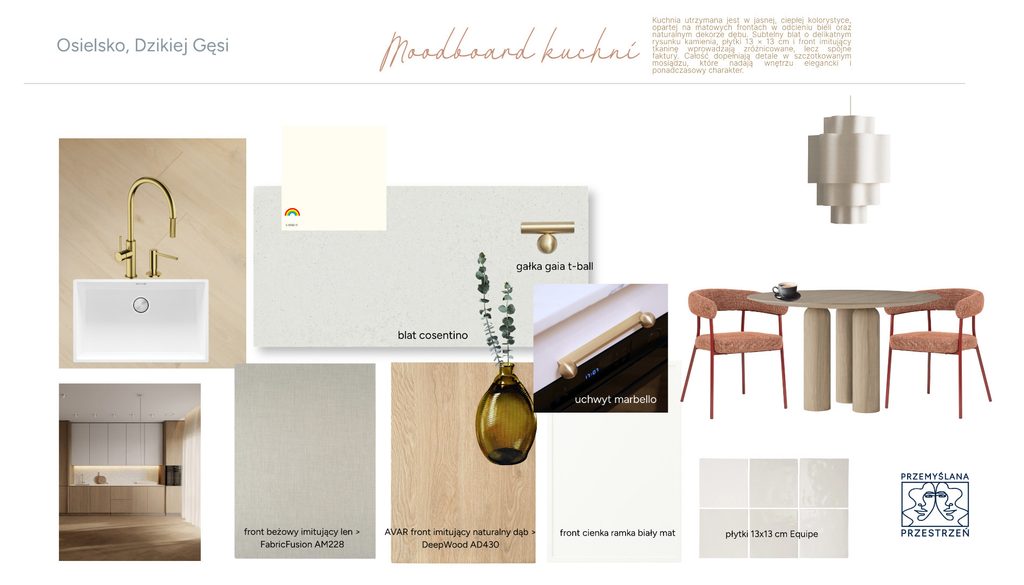Moodboard kuchni w jasnych kolorach z naturalnym drewnem i beżami