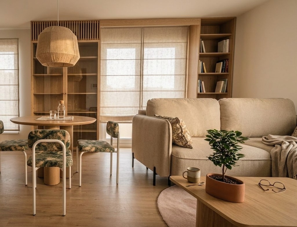 Salon w mieszkaniu w Osielsku z jasną sofą, drewnianą zabudową i przeszklonym regałem